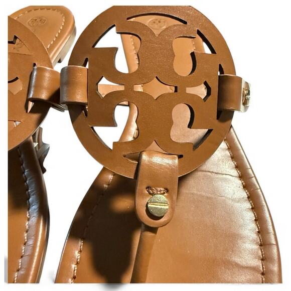 Tory Burch Miller Tan Leather Sandals, Classic Logo Medallion, Women's Size 9 - Picture 4 of 6